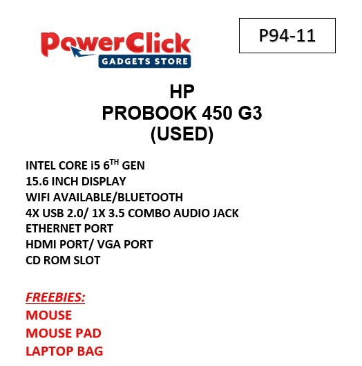 HP PROBOOK 450 G3 CORE i5 - 6TH - 4GB / 128GB / SODIMM(2) / SSD(2) / 15.6 (P94-11-A) - USED LAPTOPS #