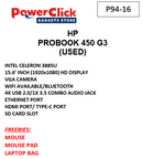 HP PROBOOK 450 G3 CELERON - 8GB / 256GB / SSD / 15.6" (P94-16) - USED LAPTOPS