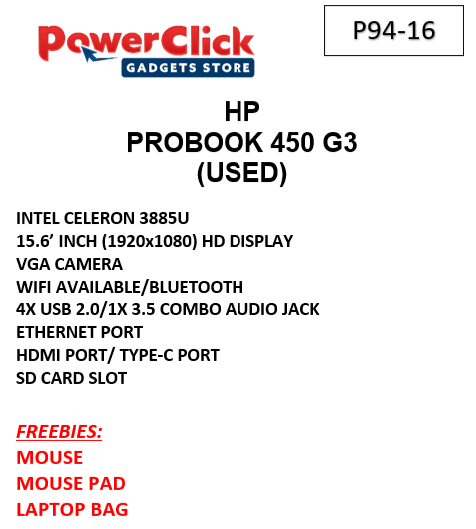 HP PROBOOK 450 G3 CELERON - 4GB / 128GB / SSD / 15.6" (P94-16-A) - USED LAPTOPS #