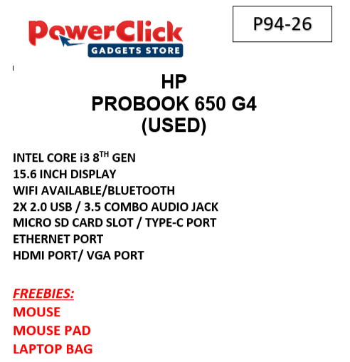 HP PROBOOK 650 G4 CORE i3 - 8TH - 4GB / 128GB / SODIMM(2) / SSD(2) / 15.6 (P94-26-A) - USED LAPTOPS #