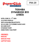 TOSHIBA DYNABOOK B55 CORE i3 - 7TH - 8GB / 256GB / 15.6" (P94-29) - USED LAPTOPS