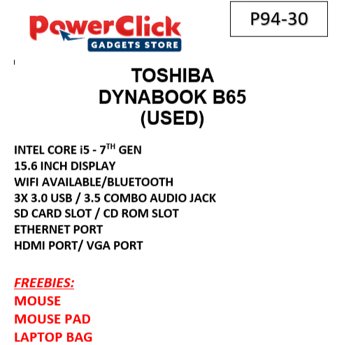 TOSHIBA DYNABOOK B65 CORE i5 - 7TH - 16GB / 512GB / 15.6" (P94-30-C) - USED LAPTOPS #