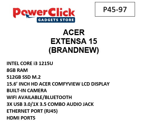 ACER EX215-55-369W i3 1215U (8GB/512GB SSD,15.6") (P45-97) - BRAND NEW LAPTOPS #